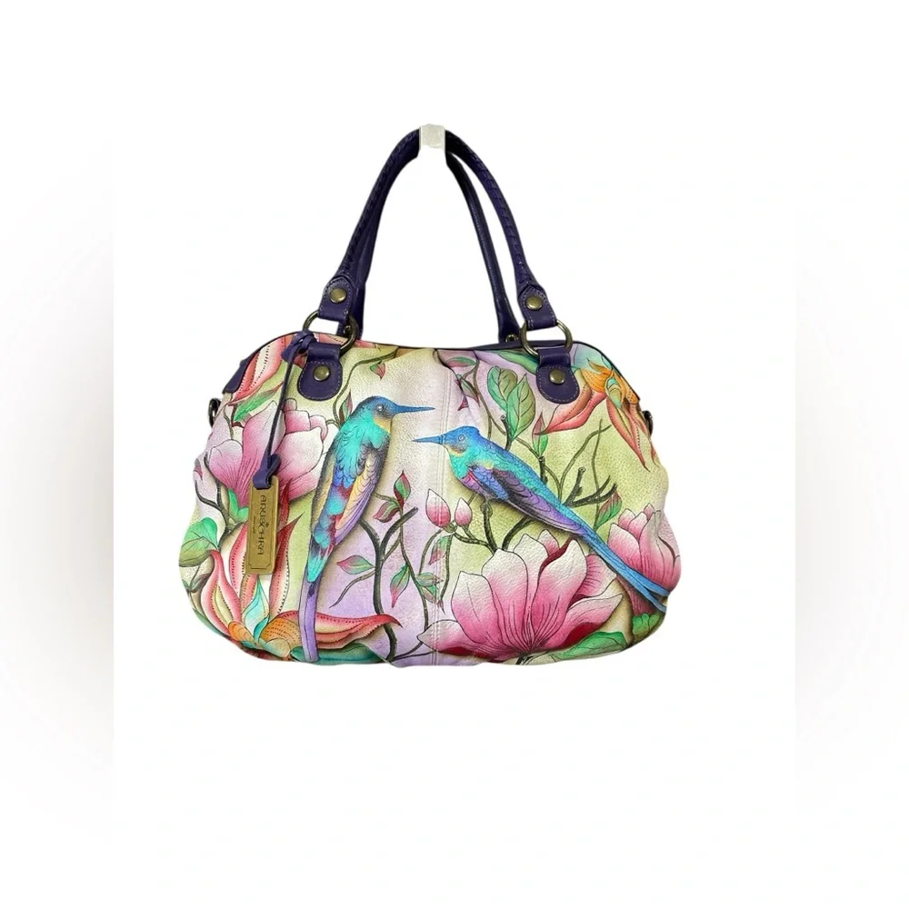 ANUSCHKA Hobo Bag Hand Painted Leather Purse Birds Tropical Flowers - Picture 4 of 15